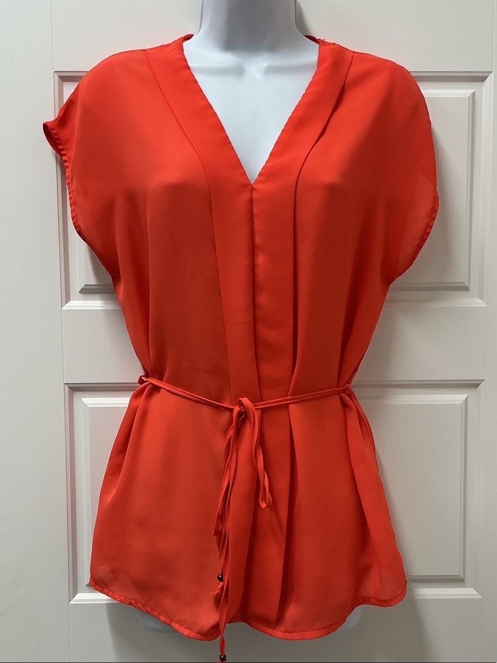 New York & Company Orange V-Neck Tie-Waist Blouse
